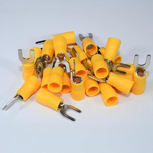 PAPUGA 25PCS 12-10 AWG (4-6 mm2) #8 / M4 Wide Version Insulated Fork Spade Crimp Connector, 600V 48A, CE RoHS Battery Cable Lug Heavy Duty Crimp Connector, Automotive Wiring