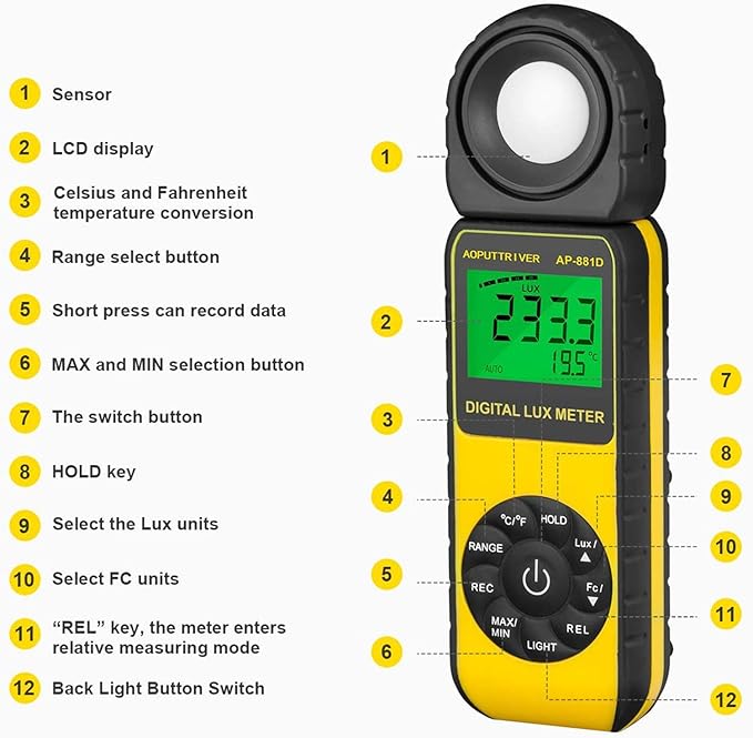 Light Meters, AP-881D Lux Meter with Ambient Temperature（℃/℉） Measurer Light 0.01~400,000 Lux (0.01~40,000 FC), Luxmeter with 270º Rotated Sensor, Back Light, Data storag for Plants LED Indoor Lights