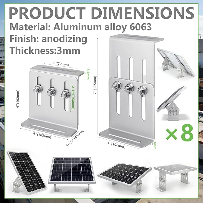 Frienda 8 Pcs Solar Panel Tilt Mount Brackets, 4"-7" Adjustable Length, 20°-160° Adjustable Angle, 1/8" Thick Anodized 6063 Aluminum Solar Panel Rack Mount for Rv, Roof, Boat