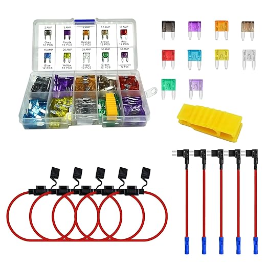 MuHize Mini Fuse Tap Kit Add-a-Circuit, Upgraded Inline 5 Pack 16AWG Fuse Holders, Fuses Taps with 120 Pack Fuses(2A/3A/5A/7.5A/10A/15A/20A/25A/30A/35A) for Automotive