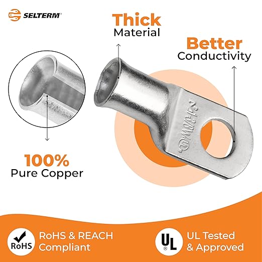 SELTERM 2pcs 1 AWG 3/8" Stud (Wide Pad) Tinned Copper Wire Lugs, Battery Lugs, Ring Terminals, Battery Cable Ends, 1 Gauge Ring Terminal Connectors, UL Marine Grade Battery Terminal Connectors