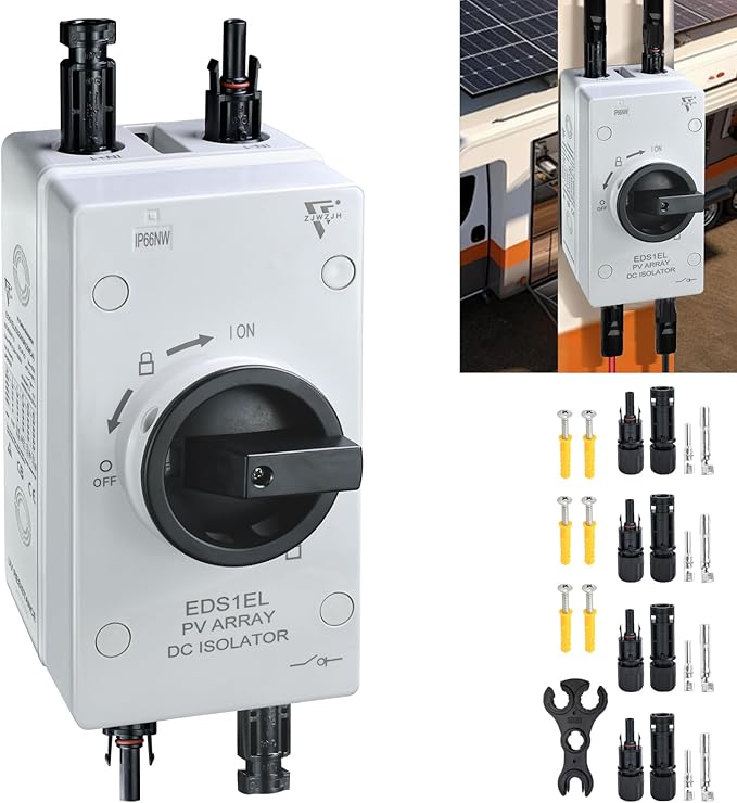 DC1500V 32Amp Solar Disconnect Switch Black Isolator Solar Switch with 2MC4 8KV Waterproof IP66 Enclosure for Rooftop Solar Systems 1-in 1-Out