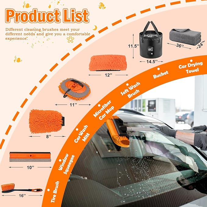 16FT Car Wash Brush with Long Handle, Car Cleaning Kit with Soft Bristle Wash Brush, Microfiber Cleaning Mop, Window Squeegee, Mitt, Wheel Brush, Bucket, Drying Towel for RV, Truck, Boat