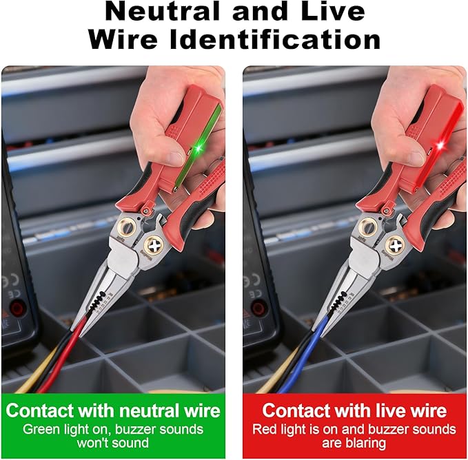 Pro 8-in-1 Wire Stripping Pliers with Voltage Tester for Live/Neutral Wires 12–250V, Needle Nose Pliers, Wire Cutter, Crimper and Wire Twister, Heavy Duty Electrical Tool for Electricians(Red)