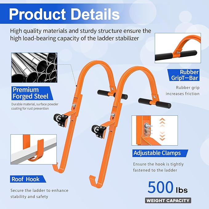 Roof Ladder Hook, 2 Pack Ladder Stabilizer with Wheel, Heavy Duty Steel 500 Lbs Weight Ratin Roof Ridge Extension, Rubber Grip T-Bar for Damage Prevention, Fast and Easy Setup to Access Steep Roofs