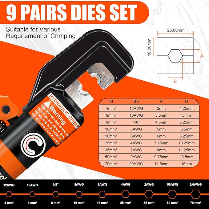 10 Ton Hydraulic Battery Cable Crimper with 9 Dies - Hydraulic Crimper Tool with Dual-Blade Weir Cutter & Spring-Loaded Handle Crimper Kit for 12-2/0 AWG, 1/8" Stainless Steel Railing