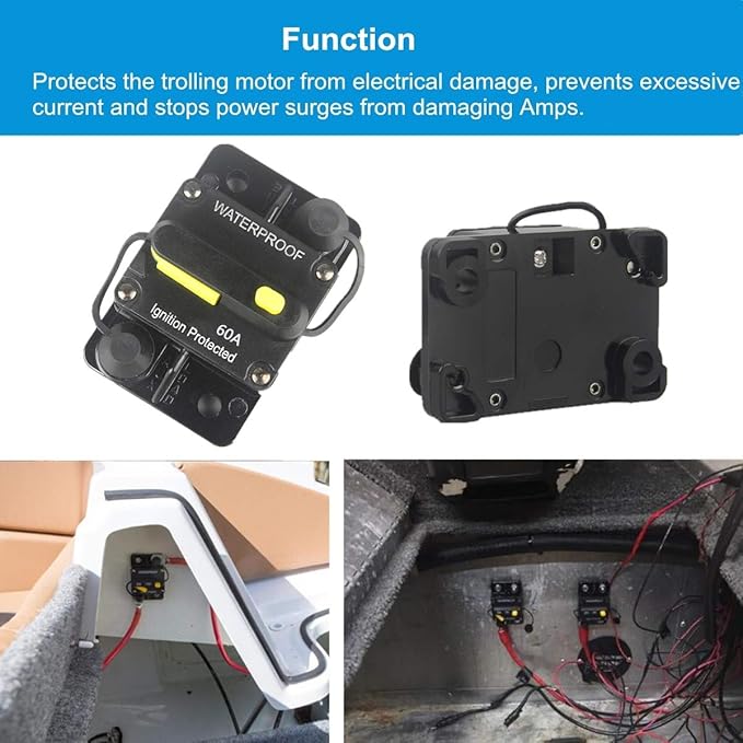 60 Amp Circuit Breaker Waterproof 30A-300A Manual Reset Fuse Inverter for Trolling Motor Auto Car RV Marine Boat Current Overload Protection (60A)