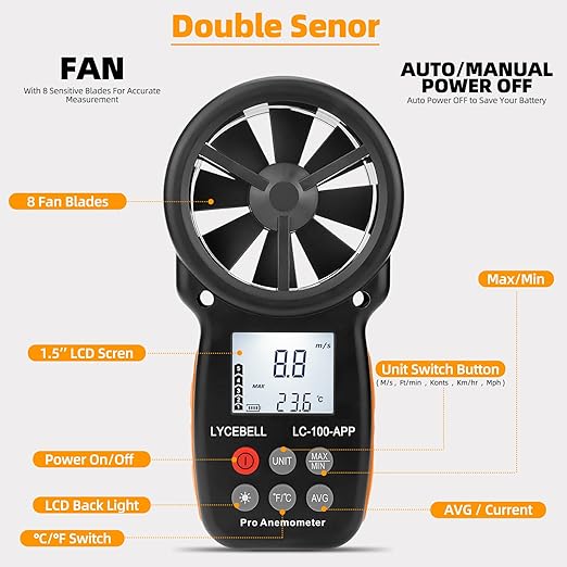 Wireless Anemometer with APP Bluetooth, Digital Handheld Wind Speed CFM Meter Measuring Temperature, Wind Chill, Air Flow Velocity, Wind Gauge for HVAC Outdoor Sailling Climbing Drone 100-APP