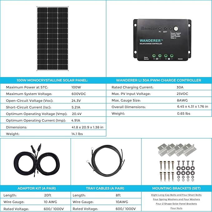 Renogy 100W 12V Solar Panel Starter Kit, 100 Watt Monocrystalline Solar Panel, 30A LCD PWM Charger Controller, Adaptor Kit, Tray Cables, Z Brackets for RV, Camper, and Other Off Grid Applications