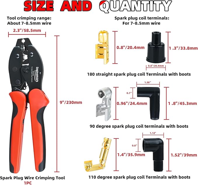 Spark Plug Wire Crimping Tool Kit, Ratchet Spark Plug Crimper for Crimping and Stripping Plug, 26PCS 180 °/90 °/Straight Spark Plug Coil Terminals and 24PCS Terminals Boots