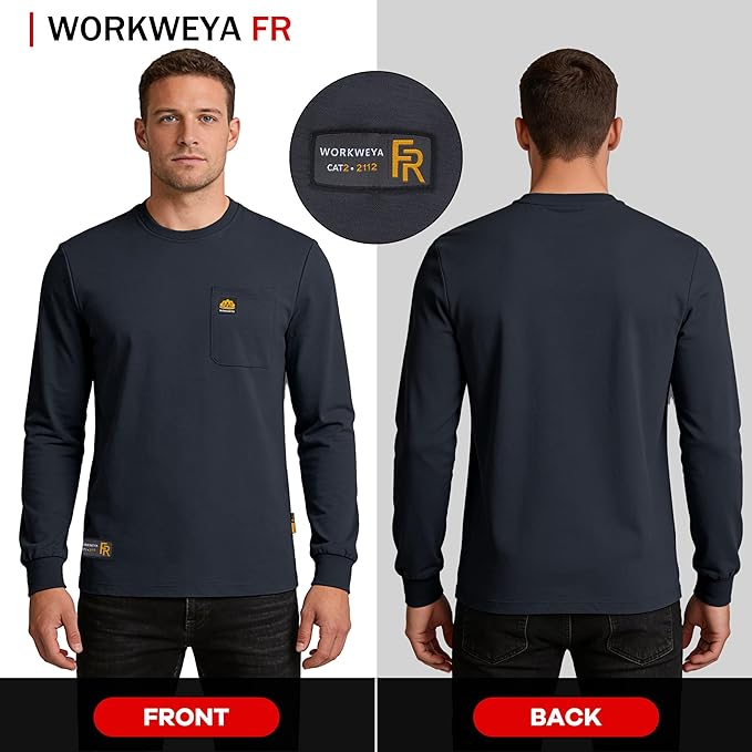 WORKWEYA Men's FR Shirts 6.5oz Lightweight Long Sleeve Flame Resistant T-Shirt NFPA 2112/CAT2