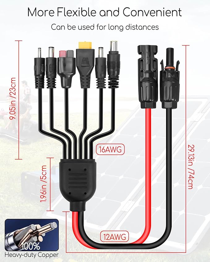 Upgraded 6-in-1 Solar Connector Kit for Portable Motors and Solar Panels/Motors, 100CM Universal Solar Adapter Connecting Harness with Female and Male Connectors, 2 Pc