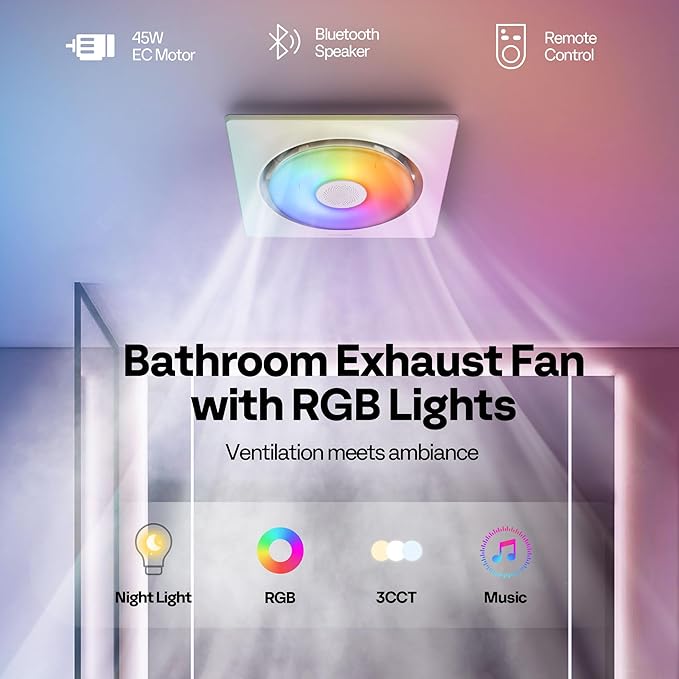 VIVOHOME Bathroom Exhaust Fan with RGB Light & Humidity Sensor (160-110-30CFM) & Bluetooth Speaker - 2700K/4000K/5700K LED Light, EC Motor Retrofit Bath Fan, No Attic Access Needed