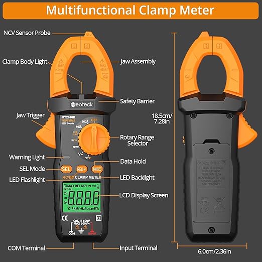 Neoteck Clamp Meter 6000 Counts Clamp Multimeter 800A AC/DC Current&Voltage Multimeter with TRMS Capacitance Continuity Resistance NCV Diode Frequency for Home Electrical,Automobile,Industrial,HVAC