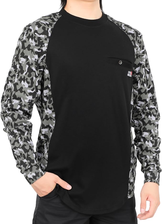 BOCOMAL FR Shirts Crewneck 5.5oz Lightweight Cotton Paisley Camo Two-Tone Flame Resistant Long Sleeve CAT2 Work Shirt