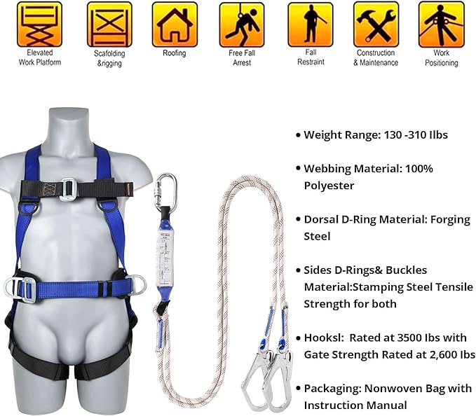 Safety Harness Fall Protection Kit - Full Body Roofing harnesses with Shock Absorbing Lanyard Upgrade Paded