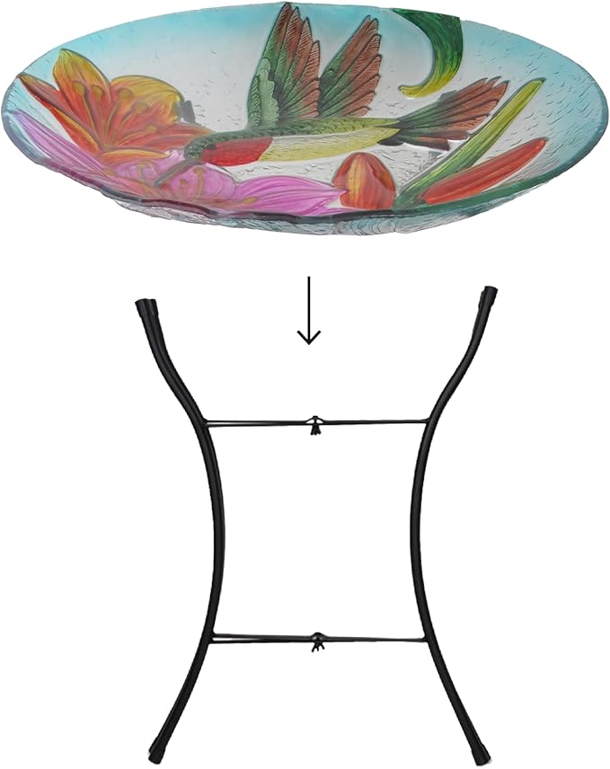 Teamson Home Handpainted Hummingbird Fusion Glass Birdbath Bowl Feeder with Metal Stand for Outdoor Patio Garden Backyard Decking, 21 Inch Height, Purple/Light Blue