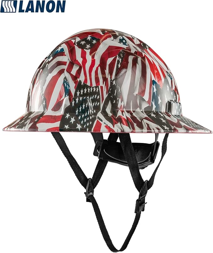 LANON Full Brim Hard Hat, OSHA Construction Work Approved, Premium American Flag Design, FRP Safety Helmet with 4 Point Adjustable Ratchet Suspension, Class C