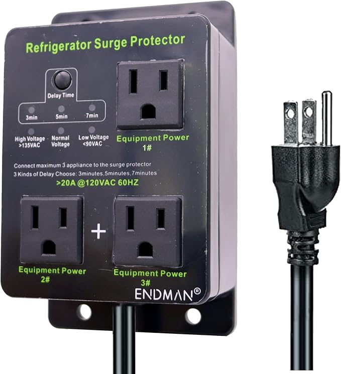 Refrigerator Surge Protector Three Outlet Voltage Protector for Home Appliances with Time Delay, Protects Against Brownout, Spike, Instant Surge All Voltage Abnormalities