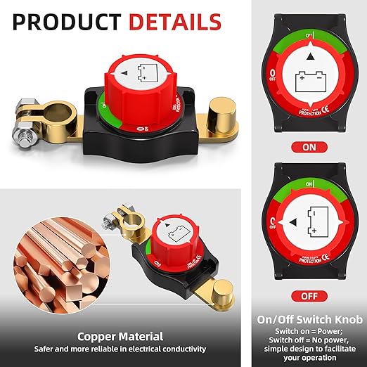 Joinfworld Top Post Battery Disconnect Switch 12V-48V Battery Kill Switch Negative On/Off Battery Switch for Cars, Vehicles, RVs and Boats