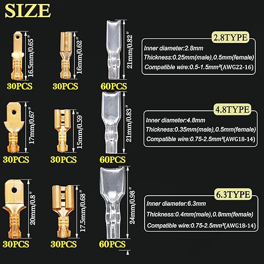 Twidec/360Pcs 2.8/4.8/6.3mm Quick Splice Male and Female Wire Spade Connector Crimp Terminal Block Assortment Kit Golden with Insulating Sleeve for Electrical Wiring Car with Wire Crimper Tool