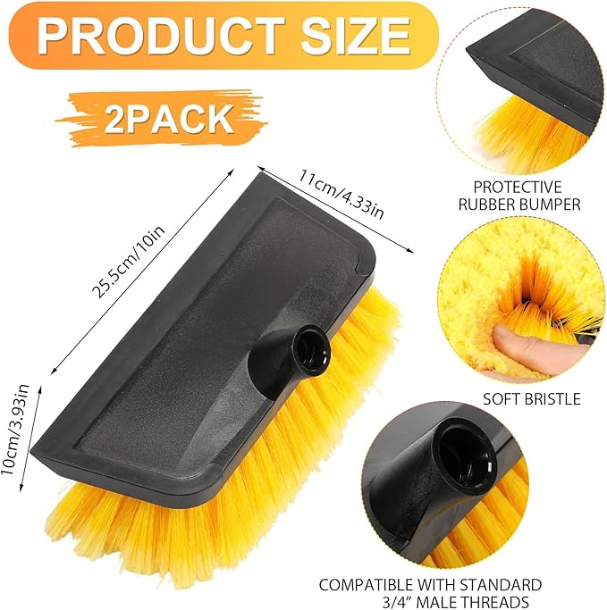 2 Pcs 10 Inch Solar Panel Soft Brush Cleaner Head, Bristles Scrub Brush with Rubber Protective Pads Prevent Scratches, for Solar Panels, Cars, RV, Trucks, Boats, Facades of Houses (Yellow)