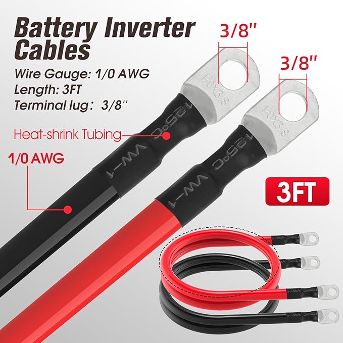 1/0 AWG Battery Cable 1/0AWG Gauge Battery Inverter Cables for Automotive Solar Marine Boat RV Car Motorcycle (1/0 AWG, 3FT, 3/8")
