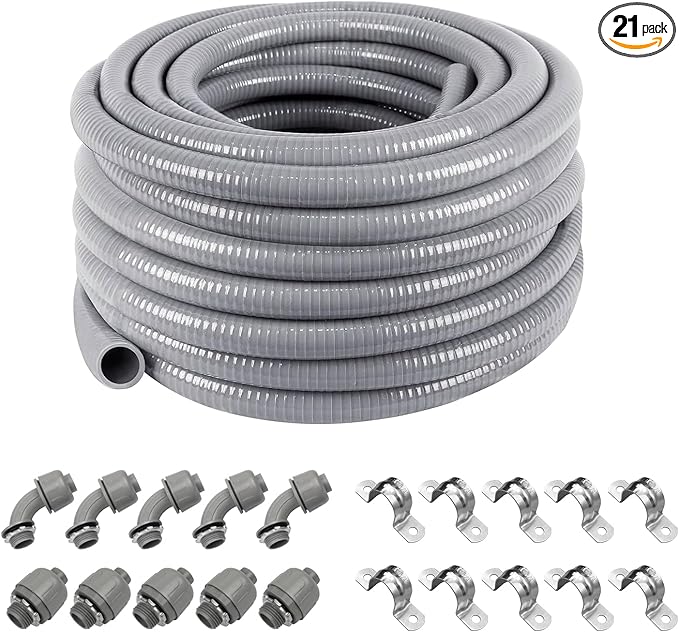 Z 3/4" Dia * 50 Feet Flexible Electrical Conduit Liquid Tight PVC Conduit Kit - UL Listed PVC Non-Metallic with 5 Straigh, 5 Angled Fittings and 10 Strap, UV Resistant for HVAC/Outdoor/Burial