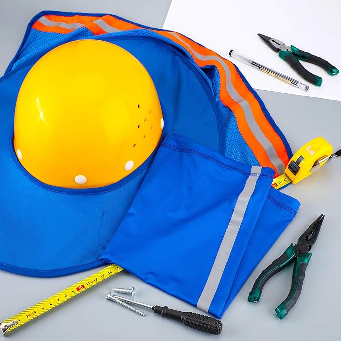SATINIOR 2 Pcs Sun Hard Hat Neck Protection High Visibility Full Brim Mesh Sun Protection and Neck Gaiter Bandana Face Scarf for Construction Helmet Hard Hat Accessories, Reflective(Blue)