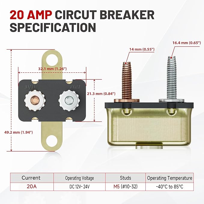 RED WOLF (20A 4PCS) DC 6V-50V Automatic Reset Circuit Breaker #10-32 Stud Bolt Type Circuit Breaker with Metal Fuse Housing Pre-Trimmed Cover Reusable for Boat Marine Trolling Motor RV Battery System