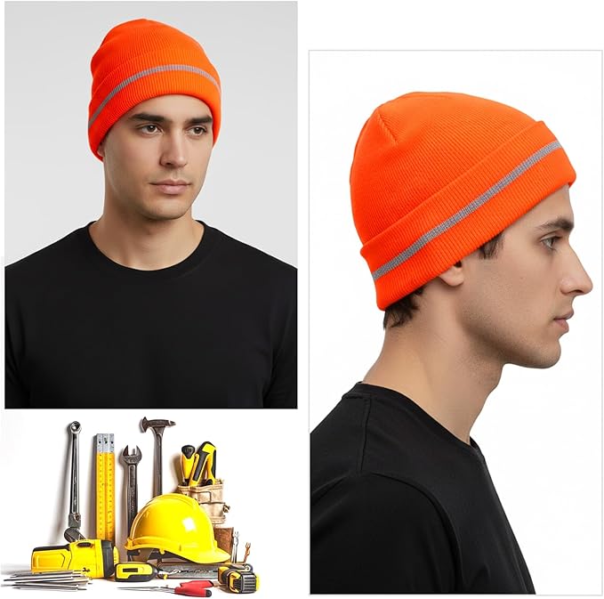 Sucrain 2 PCS Reflective Knit Hat Adult Safety Beanies Hats Warm Winter Knit Caps with Reflective Stripes for Outdoor Work