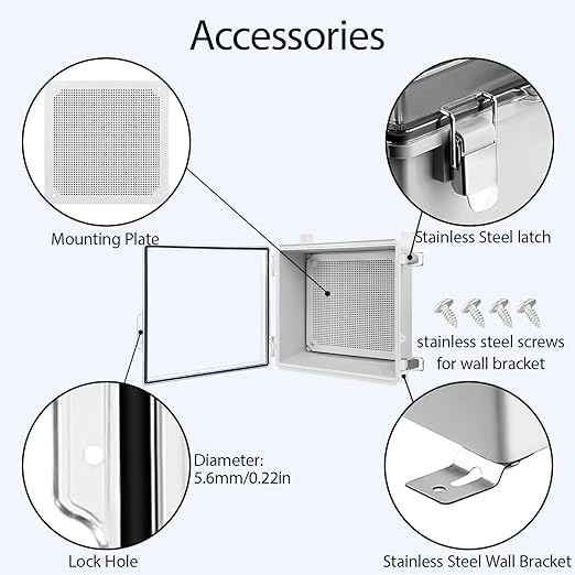 LeMotech Electrical Box, IP67 Waterproof Hinged Clear Cover Stainless Steel Latch Junction Box, ABS Plastic Electrical Enclosure with Mounting Plate,Wall Brackets, Cable Glands,11.8"x11.8"x7.1", Grey