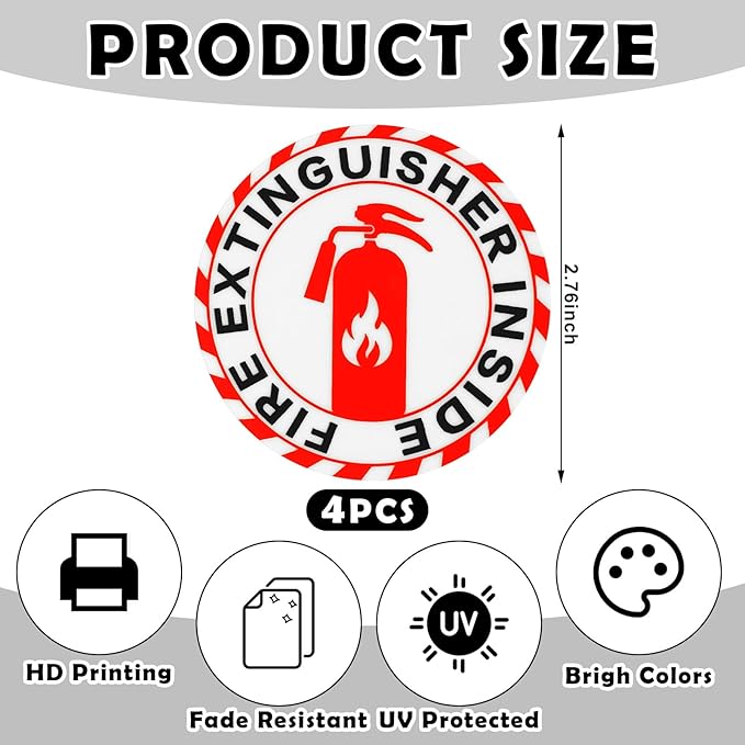 4 Pcs Fire Extinguisher Inside Sticker 2.76 x 2.76 Glow in the Dark Fire Extinguisher Sign Label Self Adhesive Waterproof Sticker for Indoor Outdoor Business Office Warehouse