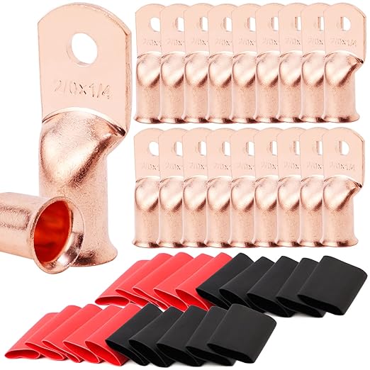 TKDMR 20pcs 2/0 AWG-1/4 Battery Lugs,Heavy Duty Wire Lugs,Ring Terminals,Battery Cable Ends,0 Guage terminals,Battery Terminal Connectors with 20pcs 3:1 Heat Shrink Tubing