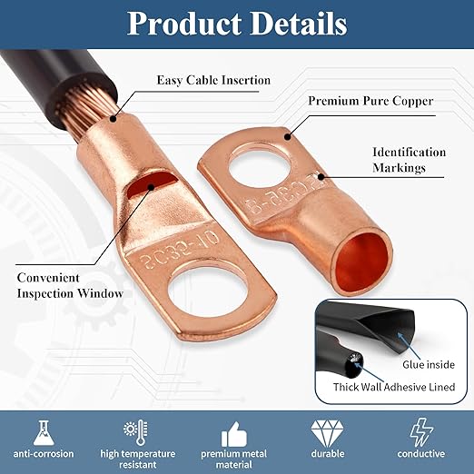 PEASUG Copper Wire Lugs 130Pcs, AWG 2 4 6 8 10 12 Gauge Battery Cable Ends with 66Pcs Heat Shrink Tubing Set, 64Pcs Ring Terminals Connectors Assortment Kit for Marine, Automotive, Cables, Appliances