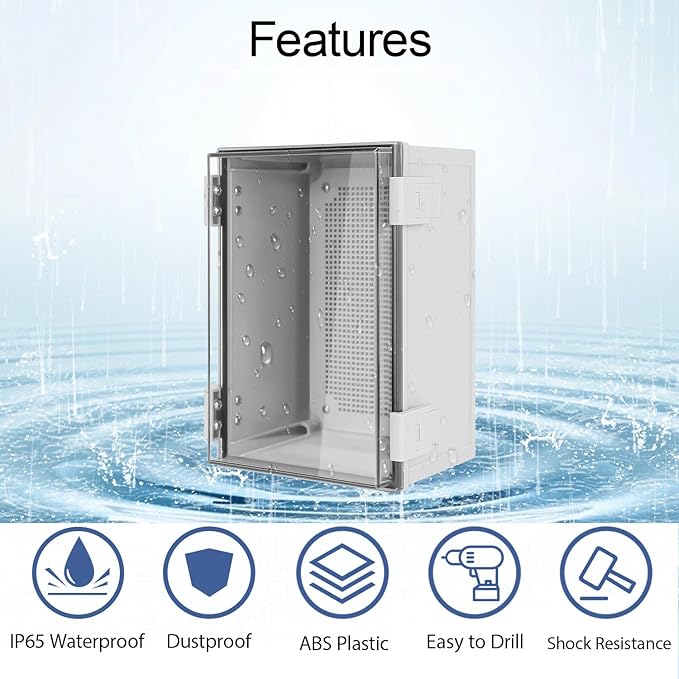 Junction Box IP65 Waterproof Dustproof ABS Plastic Enclosure, Outdoor and Indoor Project Box Hinged Clear Cover with Mounting Plate Wall Brackets, Outer Dimension 11.8"x 7.9" x 6.3", Grey
