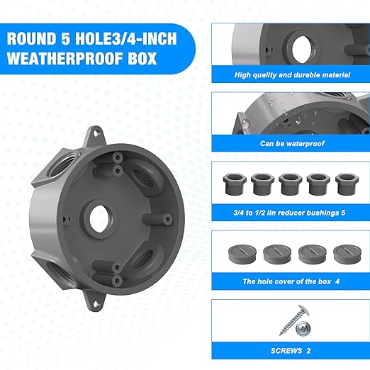 Weatherproof Round Electrical Outlet Box, 5 Hole-1/2 or 3/4 inElectrical Outlet Box for Engineered Solutions, UL Listed, Gray, 2PACK