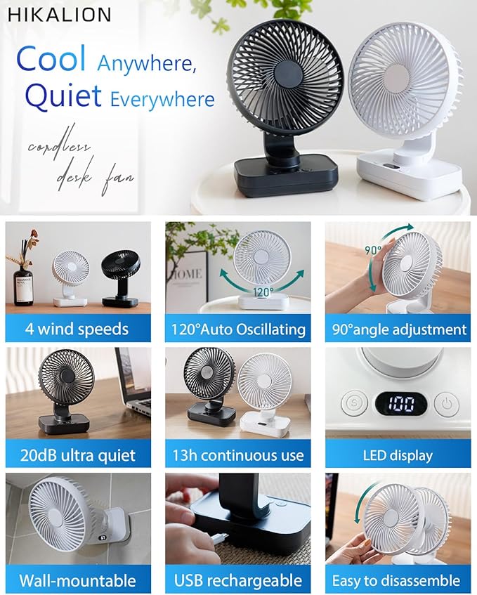 Oscillating Small Desk Fan, with USB Rechargeable Battery, Ultra Quiet, 4 Speeds, 13-Hour Runtime, Wall-Mount Option, Quiet Fan, Home, Bedroom and Office, White