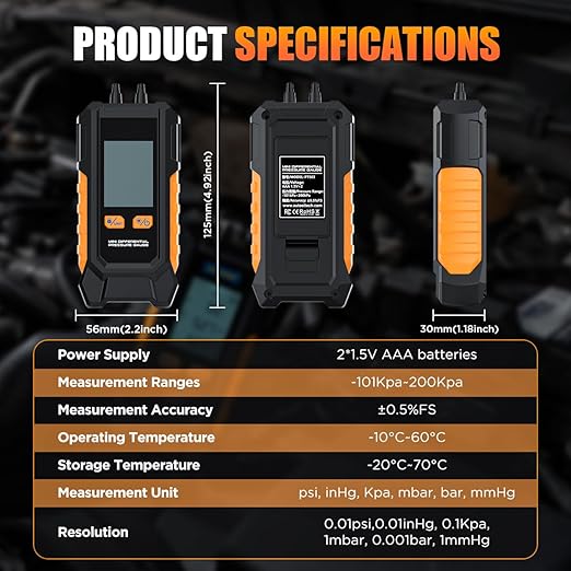 Manometer Gas Pressure Tester -101 to 200KPa Digital Manometers Dual-Port Gas Manometers HVAC with Auto Calibration, Backlight LCD Display, Data Hold Air Pressure Meter