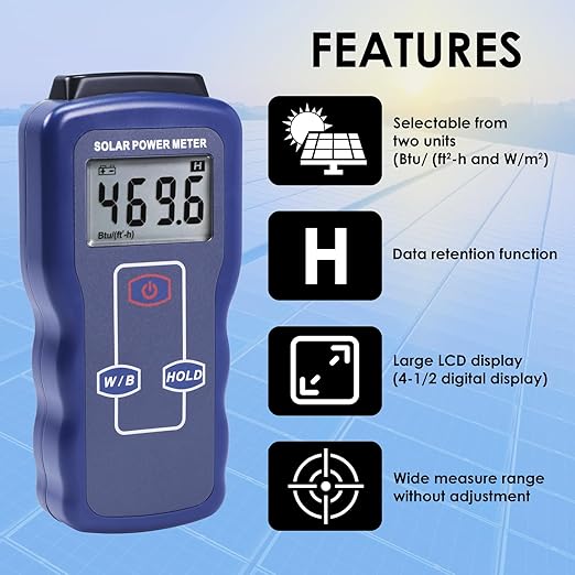Solar Power Meter Digital Solar Meter, Solar Irradiance Meter for Solar Energy Testing, Solar Transmission Meter with Accuracy Drift<1.5%/Year&Btu/(ft2-h)& W/m² Units for Meteorology Sun Measurement