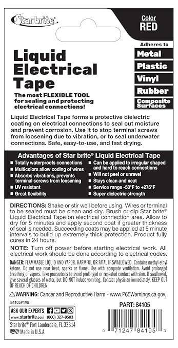STAR BRITE Liquid Electrical Tape with Applicator Brush Cap - Superior Adhesion & Flexible Protection for Frayed Cables, Terminals & Electric Splices - Red 4 OZ. (084105B)