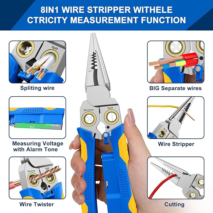 GADO Pro 8-in-1 Wire Stripper/Cutter with Voltage Tester & Dual Alarms - Heavy Duty 12-250V AC/DC Electrical Tester for Hot/Neutral Wires - Electrician, HVAC, Car Repair Tool (Blue-1)