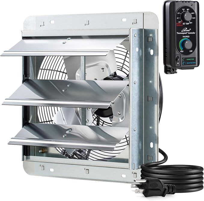 iLIVING 12" Wall Mounted Shutter Exhaust Fan, Automatic Shutter, with Thermostat and Variable Speed controller, 0.6A, 960 CFM, 1400 SQF Coverage Area Silver (ILG8SF12V-ST)