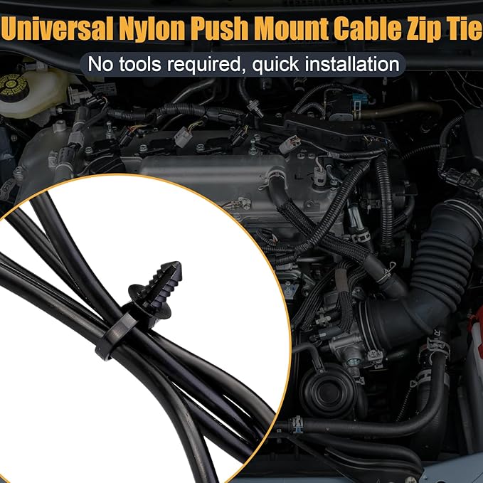 50PCS Universal Nylon Push Mount Cable Zip Tie, Heavy Duty Self Locking Zip Ties Holder, 5 Sizes Black Cable Tie Buckle, UV Resistant Multipurpose Tie Fasteners for Car Daily Repair(5 Types)