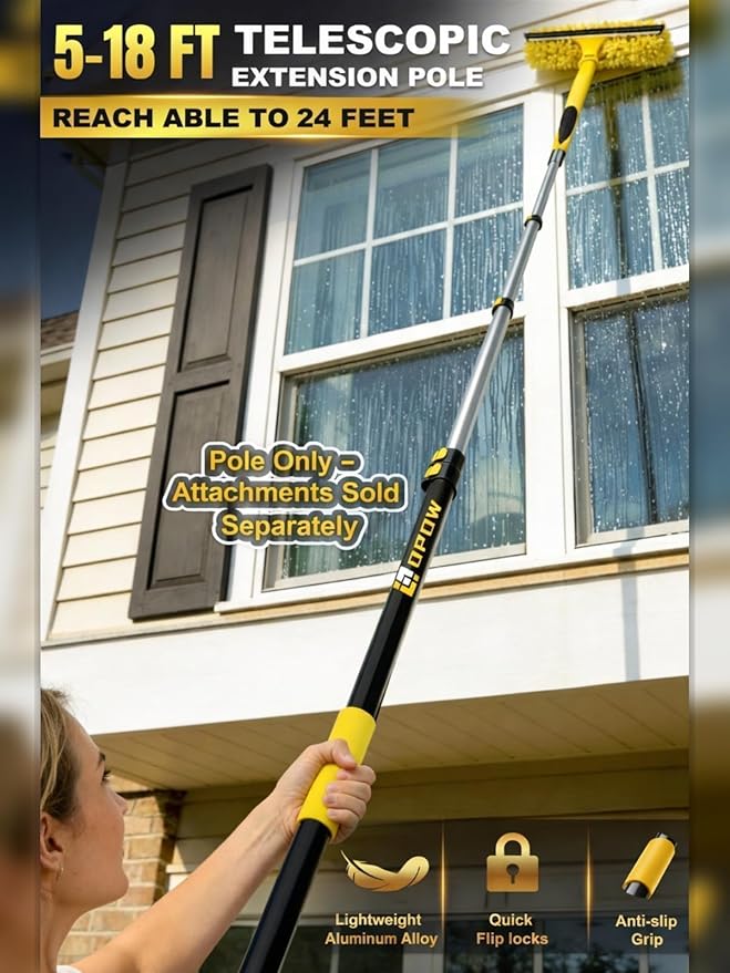 4.5-18ft Commercial Grade Extension Pole - Ultimate Reach for Large Buildings & Pro Use - Maximum 24ft Total Reach with Secure Lock System
