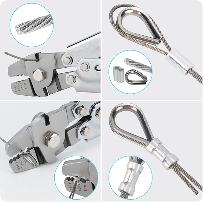 Wire Rope Crimping Tool Kit, 100ft 1/16" Stainless Steel Wire Rope Cable with 160PCS Aluminum Crimping Loop Sleeve, 10PCS Thimble for Railing, Decking, Picture Hanging