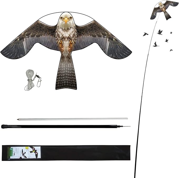 eyijklzo Bird Scaring Flying Kite Deterrents Crops Defenders Farm Protector Bird Fake Hawk Flying Eagle Kite to Keep Birds Away with 4m Telescopic Pole