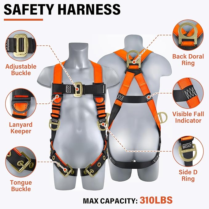 Safety Harness Fall Protection Kit - Roofing Harnesses 50ft Safety Rope Lanyard Kit 5 Gallon Bucket Kit Roof Top Anchor Construction Work 20pcs Nails Included