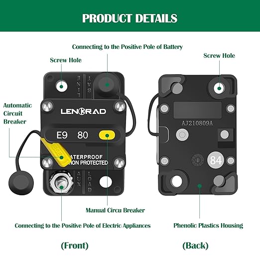 LENKRAD 80amp Marine Circuit Breaker Resettable 80A with Manual Reset Switch Button for Boat Trolling RV Yacht, 12V - 48V DC, Waterproof, Surface Mount(80 Amp Boat Circuit Breaker)