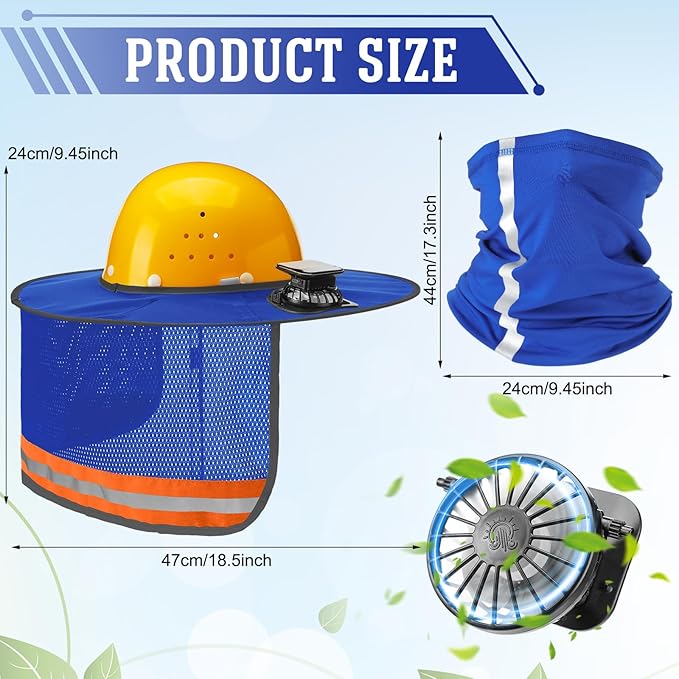 1 Set Sun Hard Hat Shade Full Brim Hard Hat Sun Visor with Solar Fans and Neck Sunshade Cover High Visibility Full Brim Mesh with Reflective Strip, Summer Protection Accessories(Blue)
